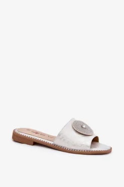 Discount Damskie buty S.Barski Klapki Damskie Na Płaskim Obcasie Z Ozdobą S.Barski KV51-013 Srebrne Srebrny