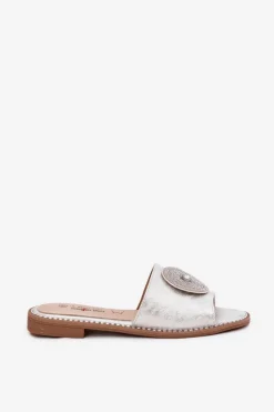 Discount Damskie buty S.Barski Klapki Damskie Na Płaskim Obcasie Z Ozdobą S.Barski KV51-013 Srebrne Srebrny