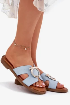 Buty damskie Vinceza Klapki Damskie Na Płaskim Obcasie Z Ozdobą Vinceza 17381 e Niebieski