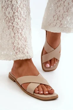 New Damskie buty S.Barski Klapki Damskie Na Płaskim Obcasie Z Eko Skóry S.Barski KV27-002 Beżowe Beżowy