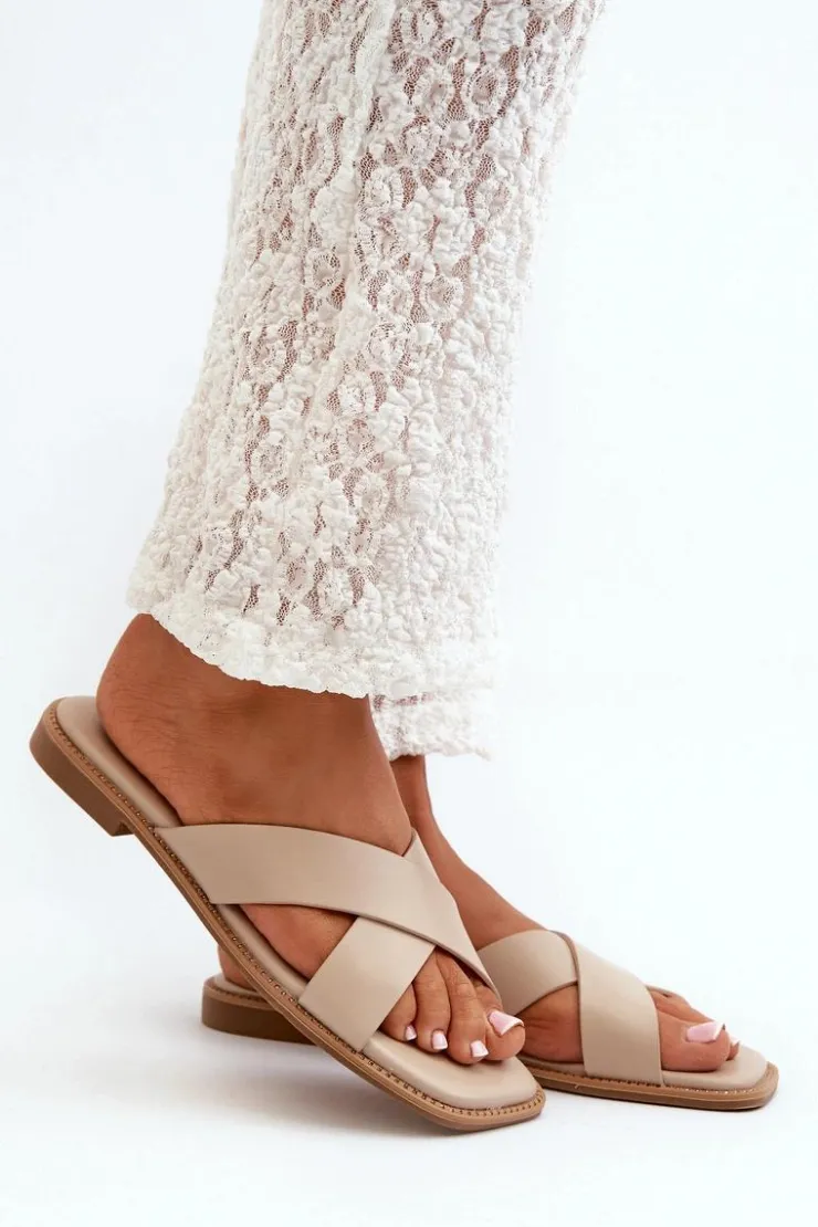 New Damskie buty S.Barski Klapki Damskie Na Płaskim Obcasie Z Eko Skóry S.Barski KV27-002 Beżowe Beżowy