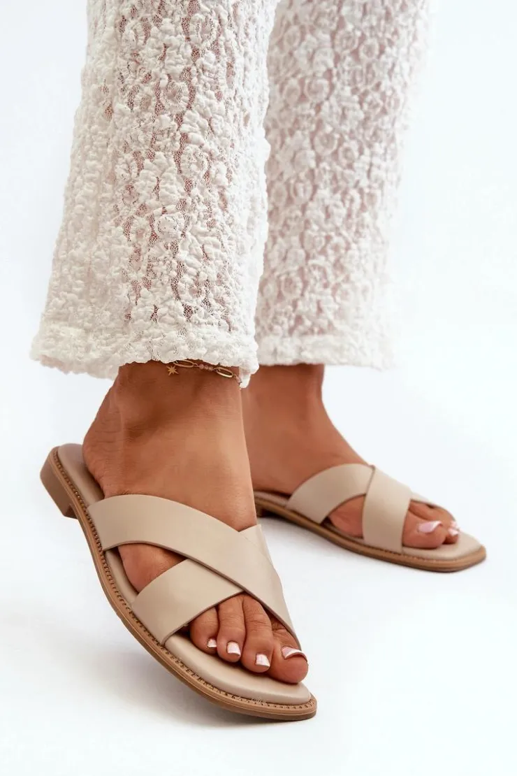 New Damskie buty S.Barski Klapki Damskie Na Płaskim Obcasie Z Eko Skóry S.Barski KV27-002 Beżowe Beżowy