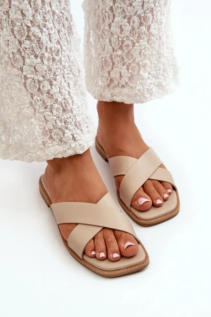 New Damskie buty S.Barski Klapki Damskie Na Płaskim Obcasie Z Eko Skóry S.Barski KV27-002 Beżowe Beżowy