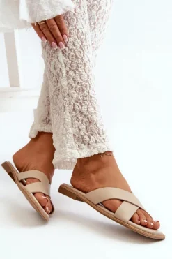 New Damskie buty S.Barski Klapki Damskie Na Płaskim Obcasie Z Eko Skóry S.Barski KV27-002 Beżowe Beżowy