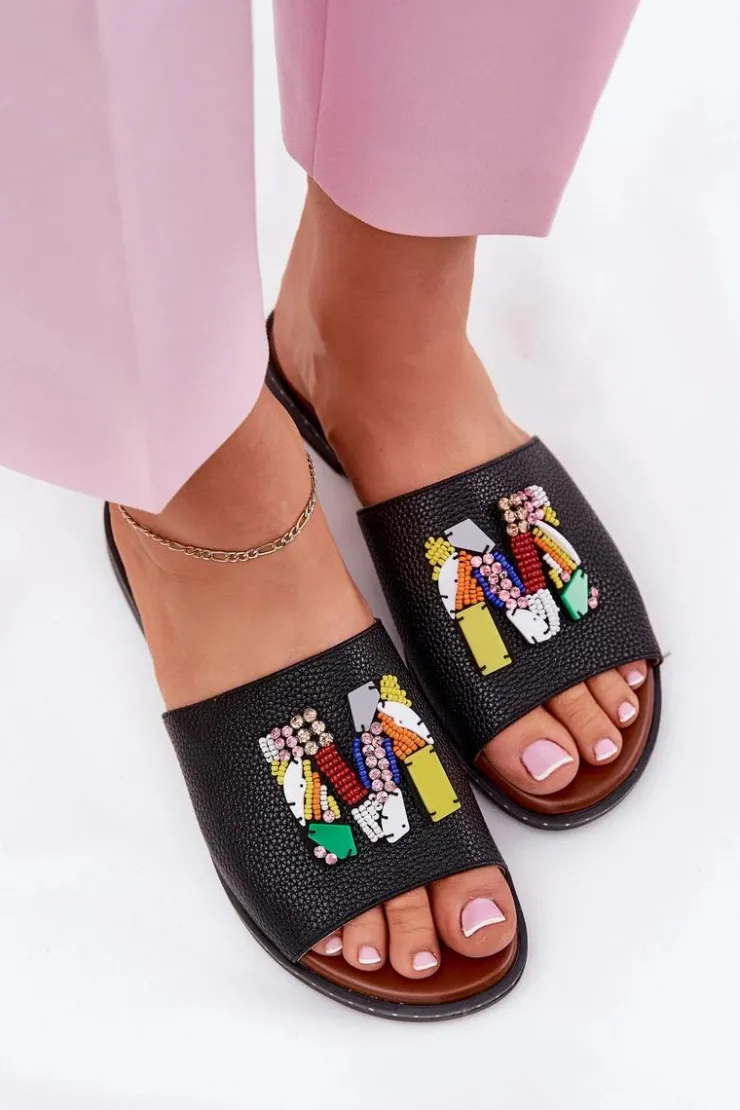 Boto Klapki Damskie Na Płaskim Obcasie Z Ozdobą Czarne Clelione Czarny