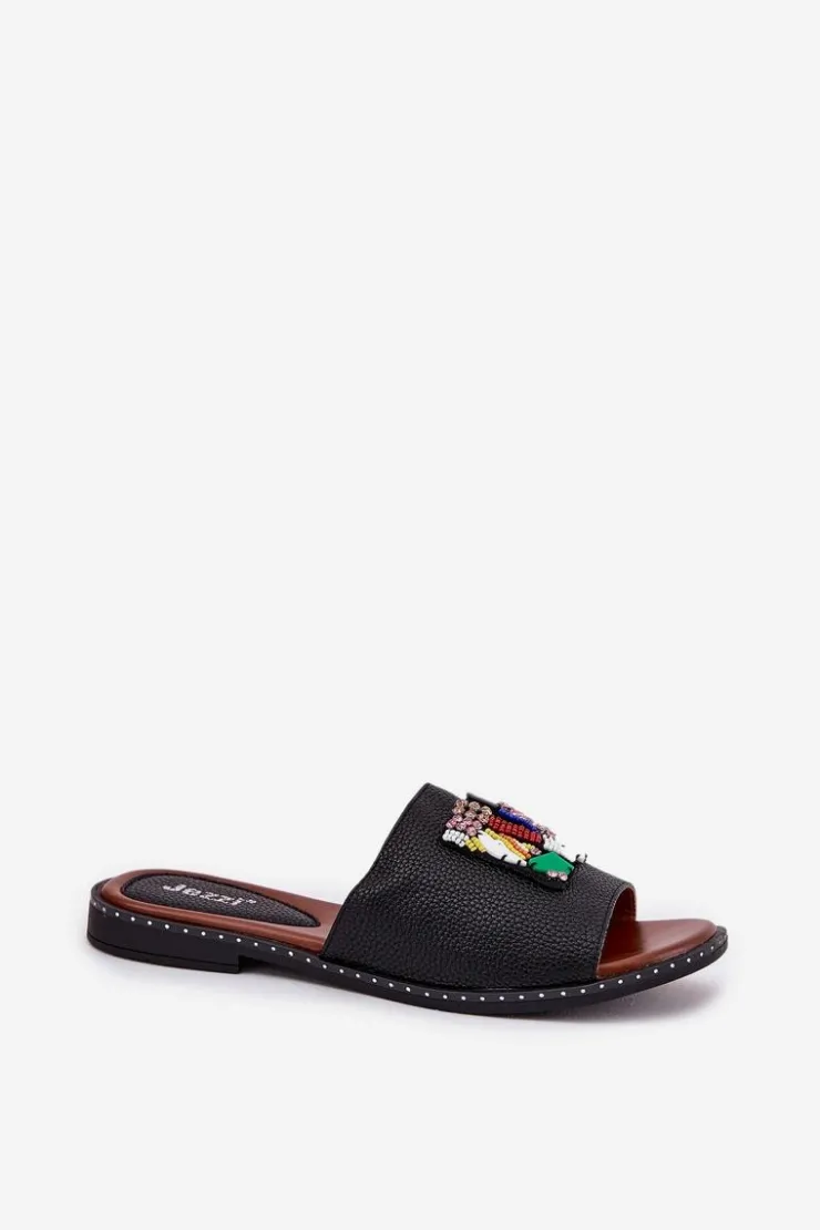 Boto Klapki Damskie Na Płaskim Obcasie Z Ozdobą Czarne Clelione Czarny