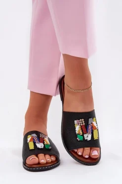 Boto Klapki Damskie Na Płaskim Obcasie Z Ozdobą Czarne Clelione Czarny