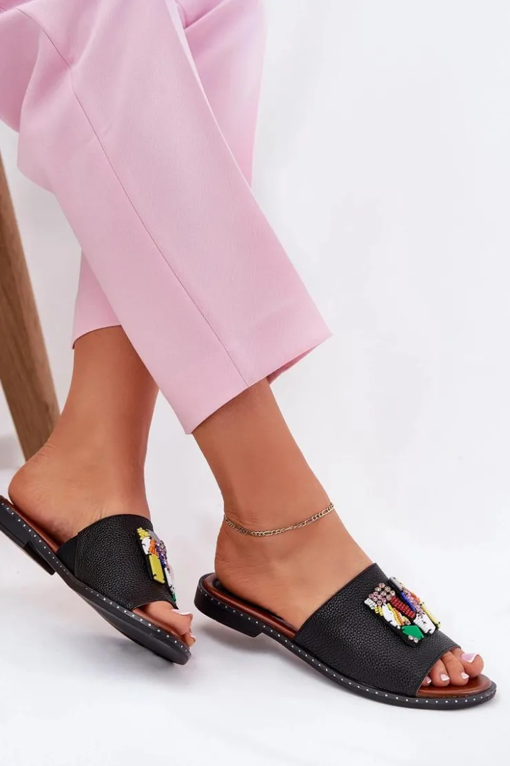 Boto Klapki Damskie Na Płaskim Obcasie Z Ozdobą Czarne Clelione Czarny