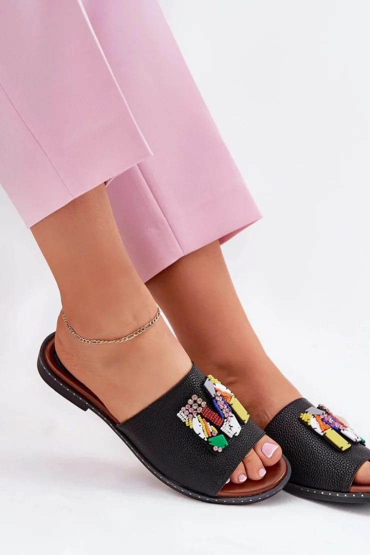 Boto Klapki Damskie Na Płaskim Obcasie Z Ozdobą Czarne Clelione Czarny