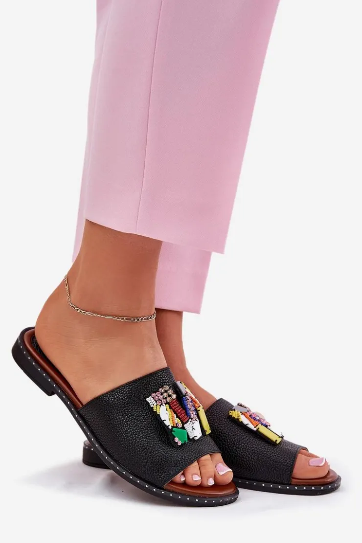 Boto Klapki Damskie Na Płaskim Obcasie Z Ozdobą Czarne Clelione Czarny