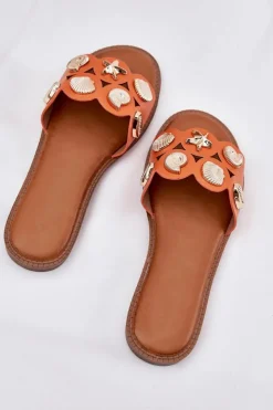 Damskie Boto Klapki Damskie Na Płaskim Obcasie Ze Złotymi Przypinkami Pomarańczowe Nalothiel