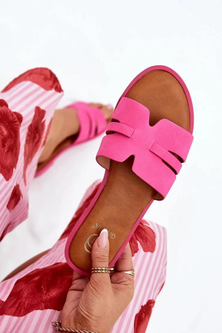 Boto Klapki Damskie Klasyczne*Klapki Damskie Na Płaskim Obcasie Z Wycięciami Eko Zamszowe Fuksja Teterre Różowy