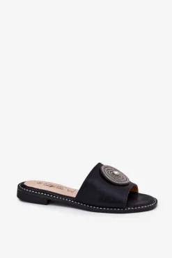 Damskie buty S.Barski Klapki Damskie Klasyczne*Klapki Damskie Na Płaskim Obcasie Z Ozdobą S.Barski KV51-013 Czarne Czarny