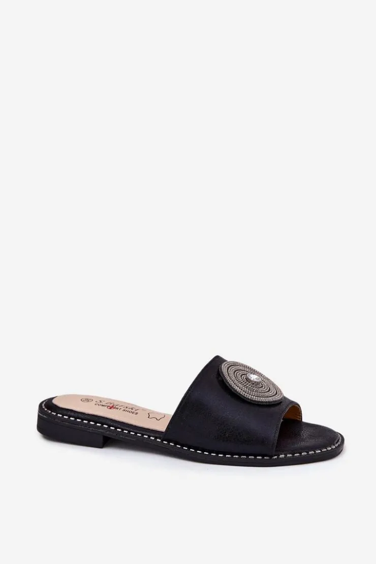 Damskie buty S.Barski Klapki Damskie Klasyczne*Klapki Damskie Na Płaskim Obcasie Z Ozdobą S.Barski KV51-013 Czarne Czarny