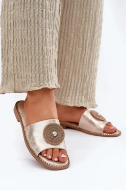 Damskie Damskie buty S.Barski Klapki Damskie Na Płaskim Obcasie Z Ozdobą S.Barski KV51-013 Złote