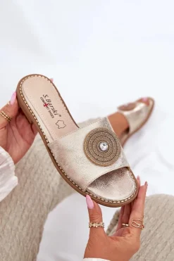Damskie Damskie buty S.Barski Klapki Damskie Na Płaskim Obcasie Z Ozdobą S.Barski KV51-013 Złote