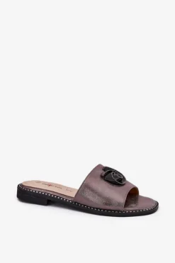 Damskie buty S.Barski Klapki Damskie Klasyczne*Klapki Damskie Na Płaskim Obcasie Z Ozdobnym Detalem KV51-007 Grafitowe Srebrny