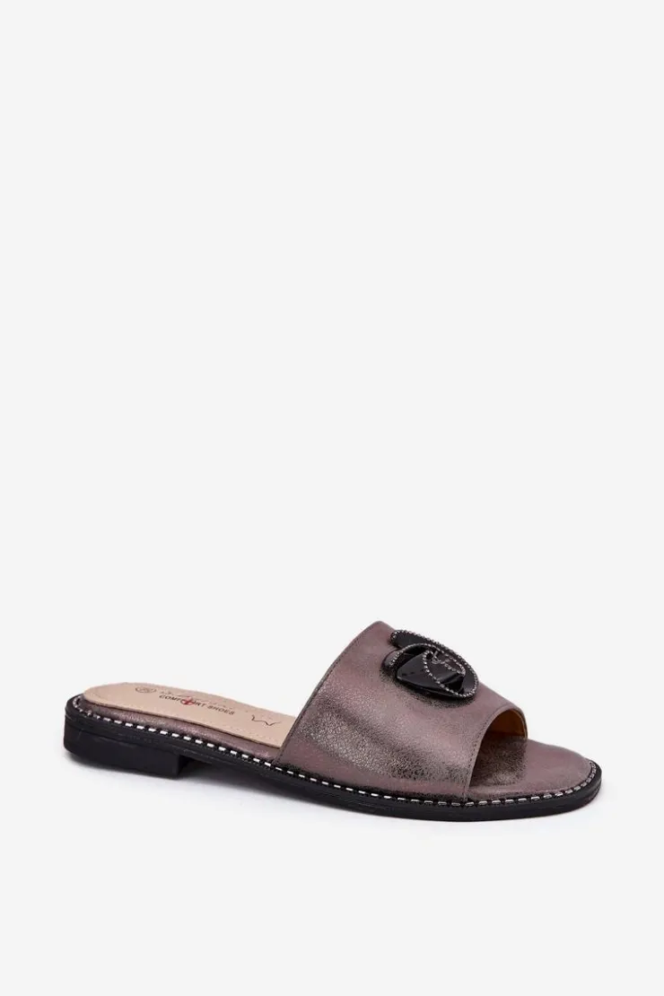 Damskie buty S.Barski Klapki Damskie Klasyczne*Klapki Damskie Na Płaskim Obcasie Z Ozdobnym Detalem KV51-007 Grafitowe Srebrny