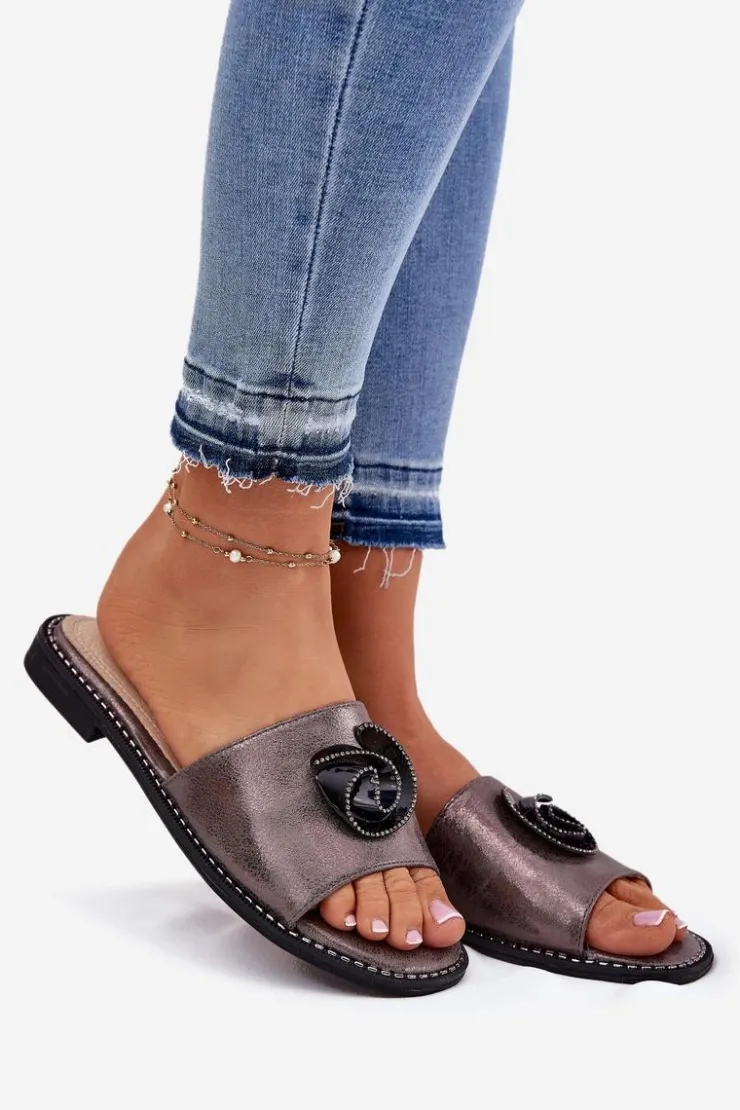 Damskie buty S.Barski Klapki Damskie Klasyczne*Klapki Damskie Na Płaskim Obcasie Z Ozdobnym Detalem KV51-007 Grafitowe Srebrny