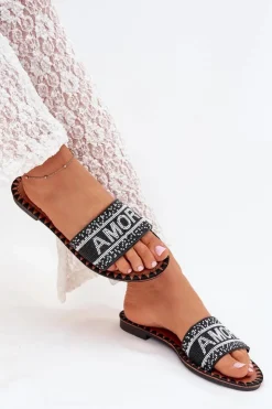 Damskie Boto Klapki Damskie Na Płaskim Obcasie Ze Zdobieniem Amore Czarne Avelina