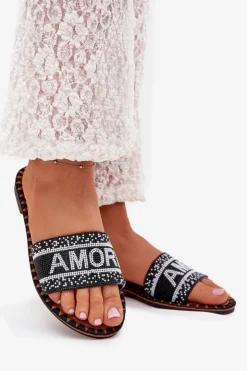 Damskie Boto Klapki Damskie Na Płaskim Obcasie Ze Zdobieniem Amore Czarne Avelina