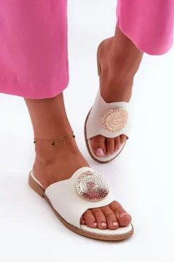 Evento Klapki Damskie Klasyczne*Klapki Damskie Na Płaskim Obcasie Z Ozdobą Białe Rivashea