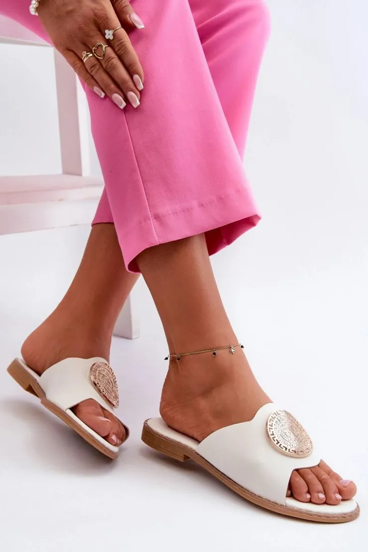 Evento Klapki Damskie Klasyczne*Klapki Damskie Na Płaskim Obcasie Z Ozdobą Białe Rivashea