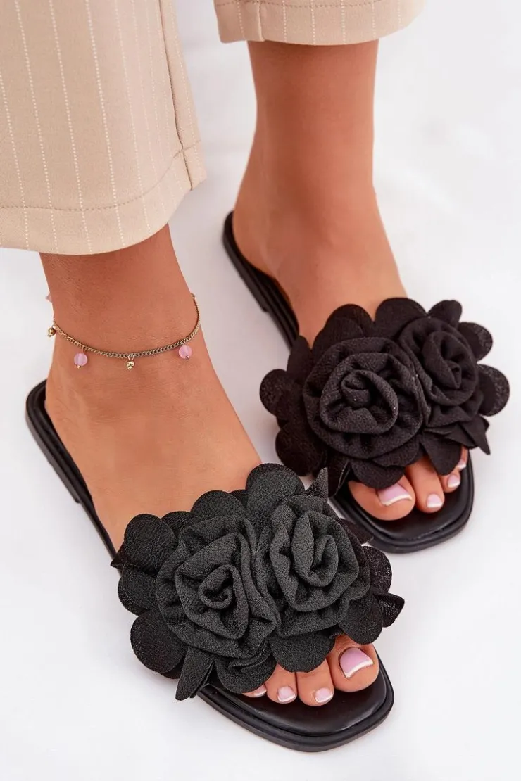 Boto Klapki Damskie Klasyczne*Klapki Damskie Na Płaskim Obcasie Z Ozdobnymi Kwiatami Czarne Misorsse Czarny