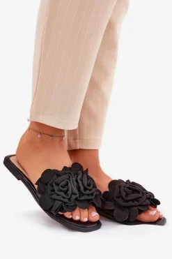 Boto Klapki Damskie Klasyczne*Klapki Damskie Na Płaskim Obcasie Z Ozdobnymi Kwiatami Czarne Misorsse Czarny
