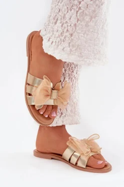 Boto Klapki Damskie Klasyczne*Klapki Damskie Na Płaskim Obcasie Z Tiulową Kokardą Złote Tanira Złoty