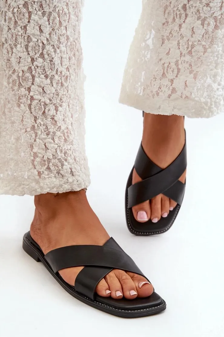 Discount Damskie buty S.Barski Klapki Damskie Na Płaskim Obcasie Z Eko Skóry S.Barski KV27-002 Czarne Czarny