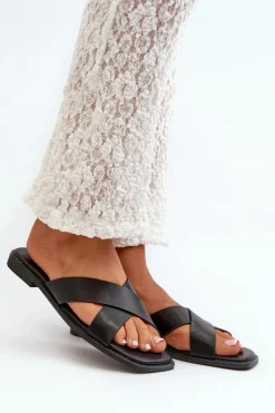 Discount Damskie buty S.Barski Klapki Damskie Na Płaskim Obcasie Z Eko Skóry S.Barski KV27-002 Czarne Czarny