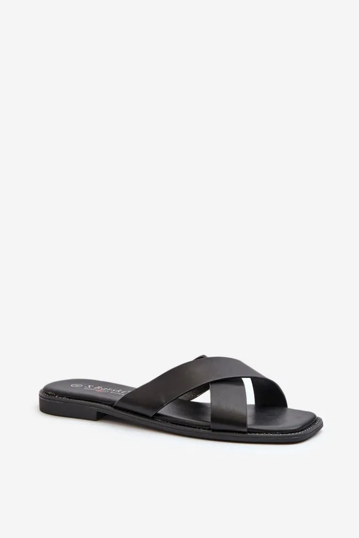 Discount Damskie buty S.Barski Klapki Damskie Na Płaskim Obcasie Z Eko Skóry S.Barski KV27-002 Czarne Czarny