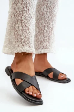 Discount Damskie buty S.Barski Klapki Damskie Na Płaskim Obcasie Z Eko Skóry S.Barski KV27-002 Czarne Czarny