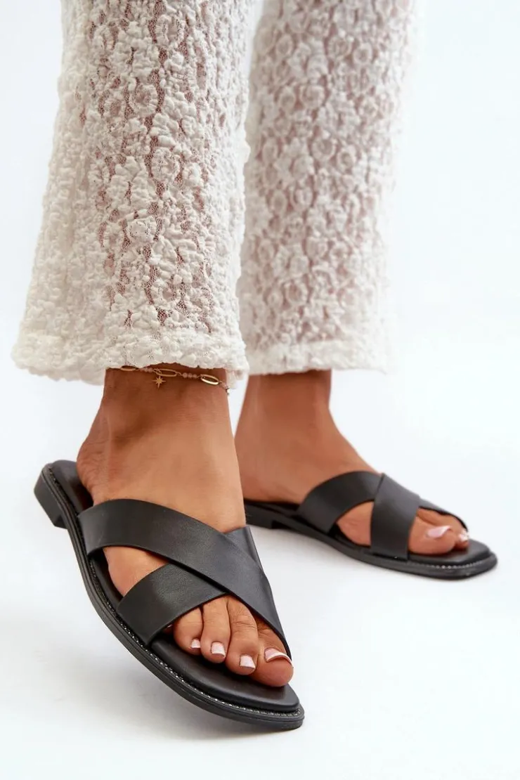 Discount Damskie buty S.Barski Klapki Damskie Na Płaskim Obcasie Z Eko Skóry S.Barski KV27-002 Czarne Czarny