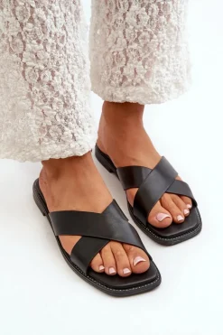 Discount Damskie buty S.Barski Klapki Damskie Na Płaskim Obcasie Z Eko Skóry S.Barski KV27-002 Czarne Czarny