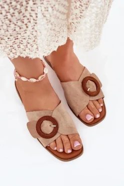 Boto Klapki Damskie Klasyczne*Klapki Damskie Na Płaskim Obcasie Z Klamrą Beżowe Lanoni Beżowy