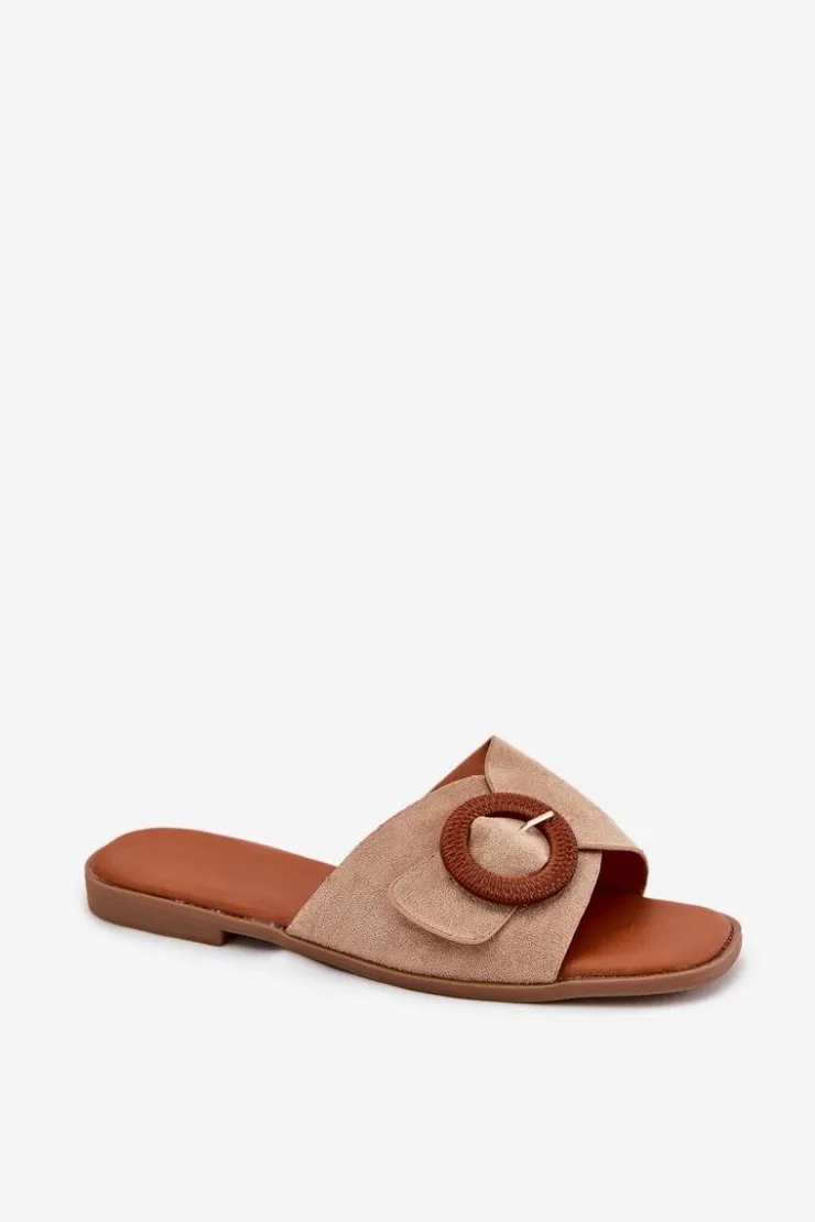 Boto Klapki Damskie Klasyczne*Klapki Damskie Na Płaskim Obcasie Z Klamrą Beżowe Lanoni Beżowy