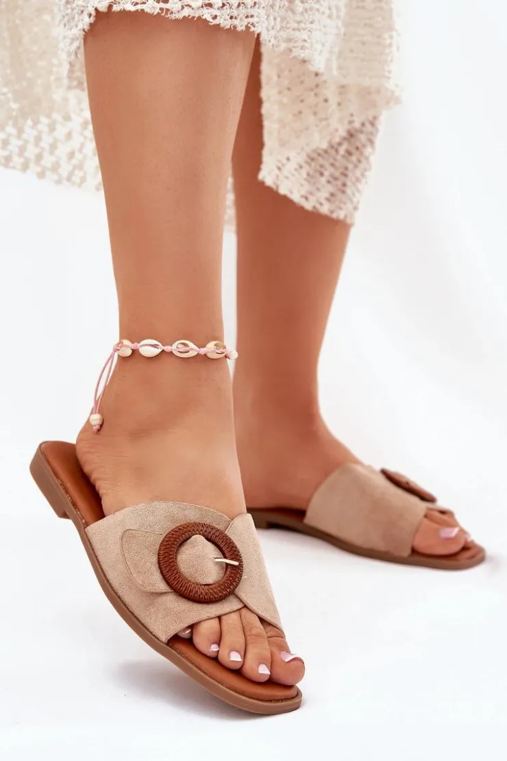 Boto Klapki Damskie Klasyczne*Klapki Damskie Na Płaskim Obcasie Z Klamrą Beżowe Lanoni Beżowy