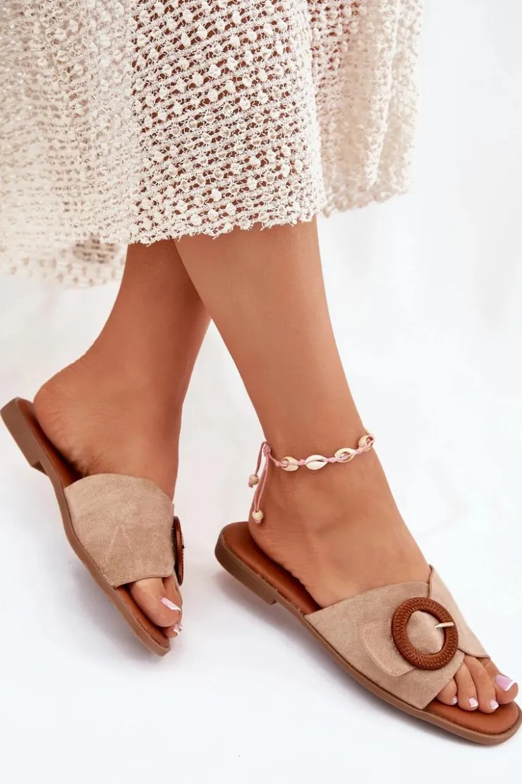 Boto Klapki Damskie Klasyczne*Klapki Damskie Na Płaskim Obcasie Z Klamrą Beżowe Lanoni Beżowy