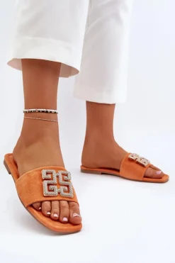 Boto Klapki Damskie Klasyczne*Klapki Damskie Na Płaskim Obcasie Z Ozdobą Pomarańczowe Inaile Pomarańczowy