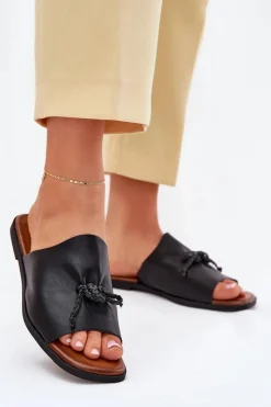 Damskie Evento Klapki Damskie Na Płaskim Obcasie Z Ozdobnym Wiązaniem Czarne Norela