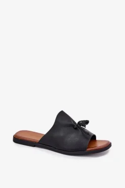 Damskie Evento Klapki Damskie Na Płaskim Obcasie Z Ozdobnym Wiązaniem Czarne Norela