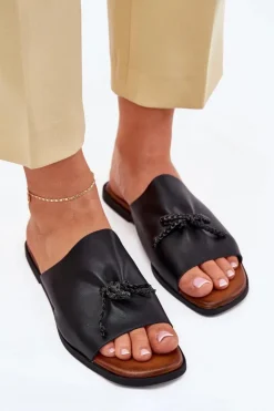 Damskie Evento Klapki Damskie Na Płaskim Obcasie Z Ozdobnym Wiązaniem Czarne Norela