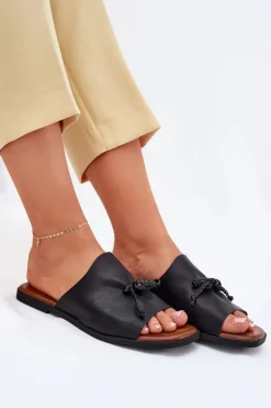 Damskie Evento Klapki Damskie Na Płaskim Obcasie Z Ozdobnym Wiązaniem Czarne Norela