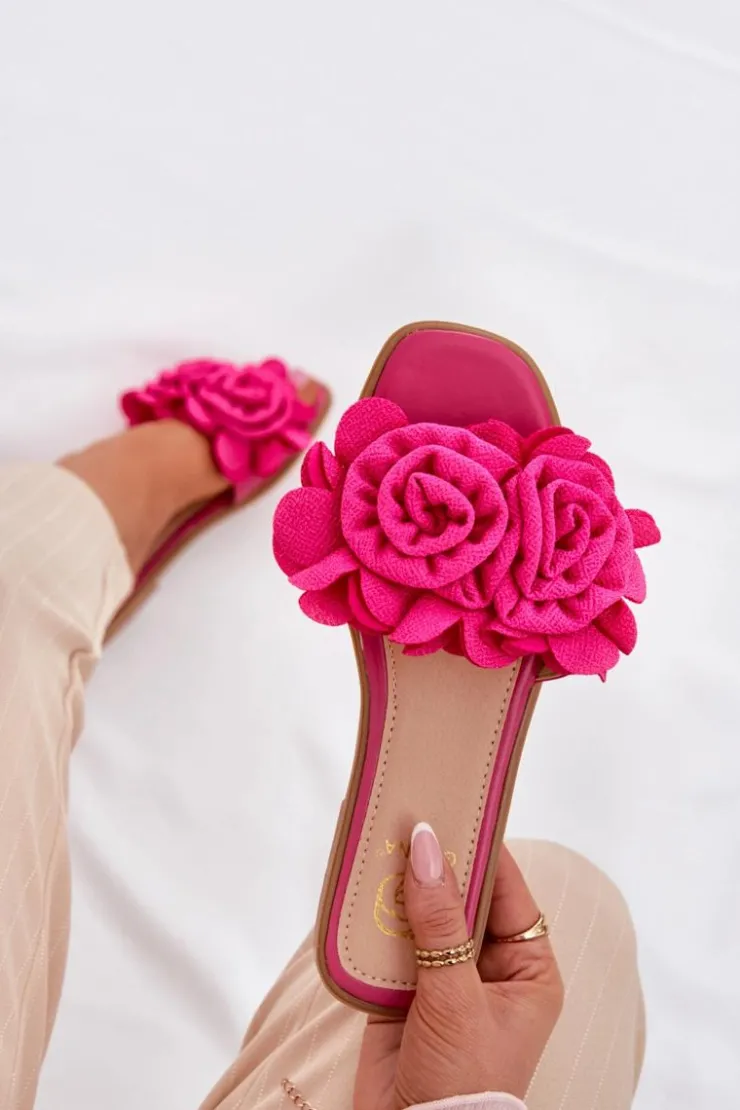 Boto Klapki Damskie Klasyczne*Klapki Damskie Na Płaskim Obcasie Z Ozdobnymi Kwiatami Fuksja Misorsse