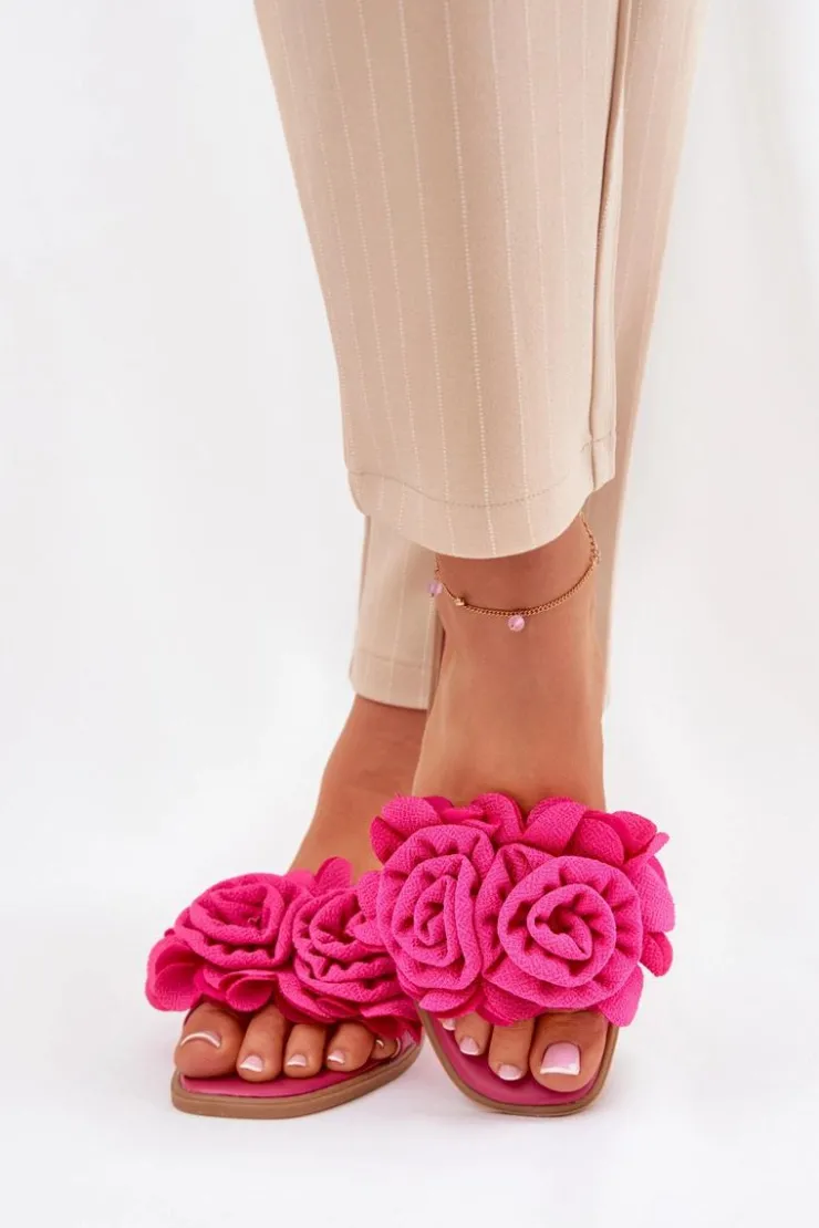 Boto Klapki Damskie Klasyczne*Klapki Damskie Na Płaskim Obcasie Z Ozdobnymi Kwiatami Fuksja Misorsse