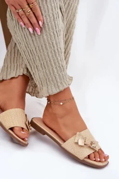 Boto Klapki Damskie Klasyczne*Klapki Damskie Na Płaskim Obcasie Z Kokardą Beżowe Sallariela Beżowy