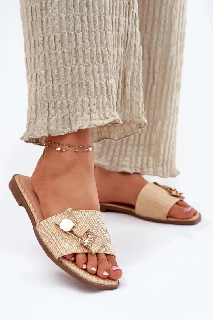 Boto Klapki Damskie Klasyczne*Klapki Damskie Na Płaskim Obcasie Z Kokardą Beżowe Sallariela Beżowy