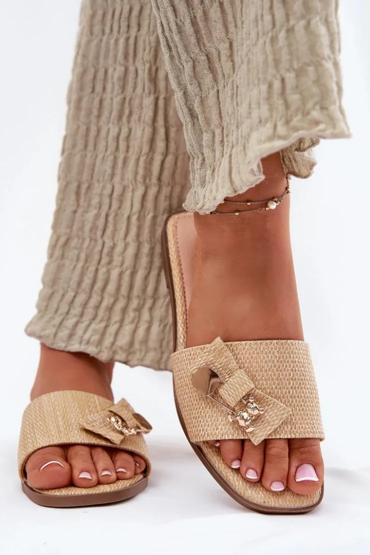 Boto Klapki Damskie Klasyczne*Klapki Damskie Na Płaskim Obcasie Z Kokardą Beżowe Sallariela Beżowy